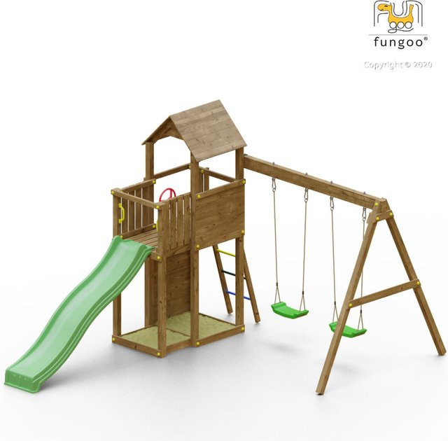 Fungoo Spielturm Boomer 3 Klettergerüst aus Teak mit Rutsche, Doppelschaukel, Leiter, Kletterwand und Holzdach - Bild 1