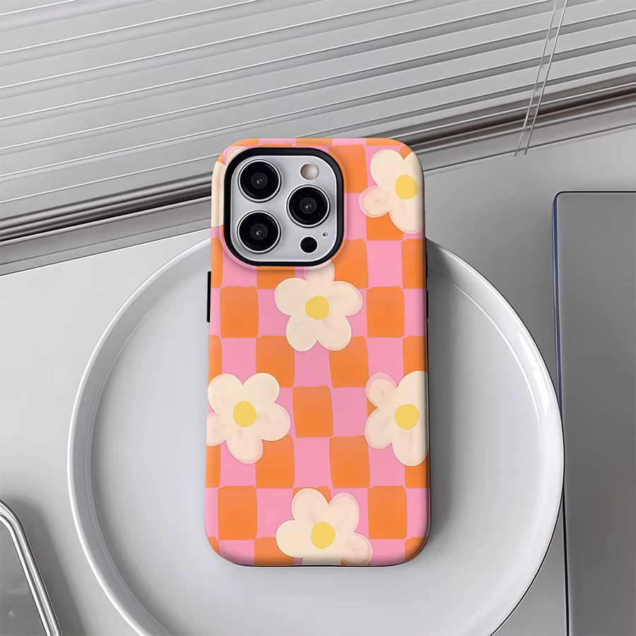 Handyhülle mit Blumen-Schachbrettmuster in Rosa und Orange für iPhone 17 16 15 14 13 Pro Max Plus mit doppelschichtiger Rückseite - Bild 2