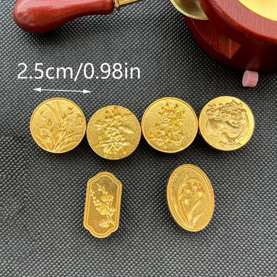 6-teiliges Blumen-Wachssiegel-Stempelset mit abnehmbarem Holzgriff in Gold und Gelb im Vintage-Stil - Bild 3