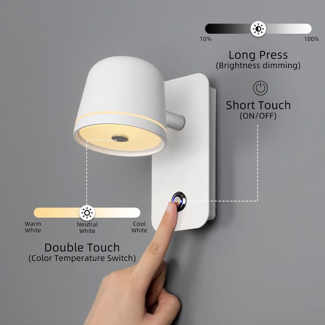 Aisilan 12W LED Wandleuchte in Weiß mit Touch-Schalter, dimmbarer Helligkeitsregelung und 3-CCT Farbtemperatur für Schlafzimmer und Nachttisch - Bild 1