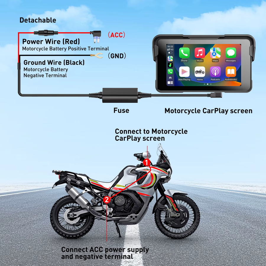 ESSGOO 5 Zoll tragbares Motorrad-Display mit kabellosem CarPlay und Android Auto, IP67 wasserdicht, GPS-Navigation und Bluetooth, Farbe: Schwarz - Bild 6
