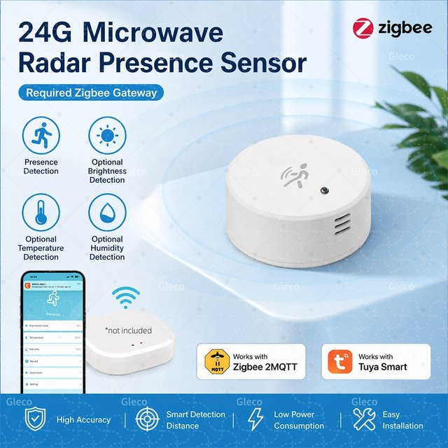 Tuya Zigbee Human Presence Sensor mit 24G Radar, Helligkeits-, Temperatur- und Feuchtigkeitssensor in Weiß, kompatibel mit Smart Life und 2MQTT - Bild 1