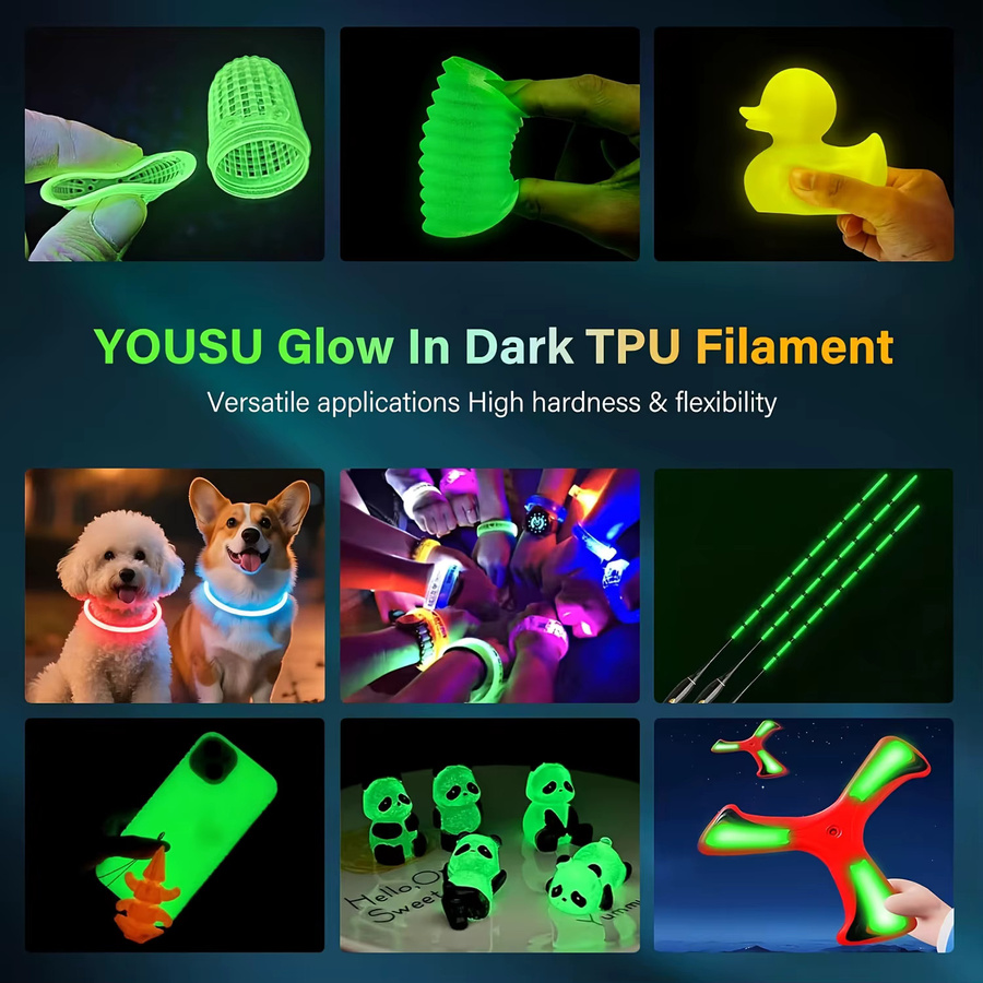 MANLANG TPU Glow in the Dark 3D-Drucker-Filament 95A, 1,75 mm, 4er-Pack (4 x 250 g), Blau, Grün, Gelb, Lila - Bild 4