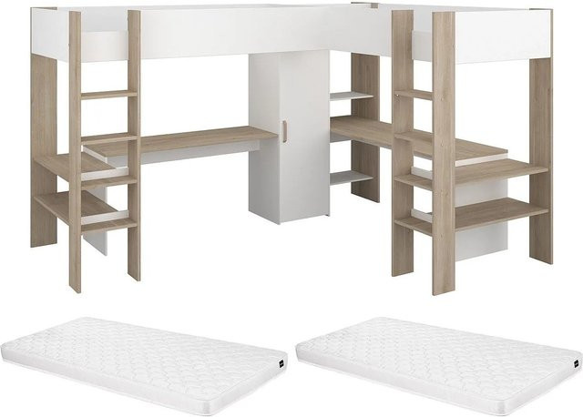 Vente-unique Hochbett Lascano in Naturfarben Hell und Weiß, B/T/H: 200 x 90 x 295,7 cm - Bild 1