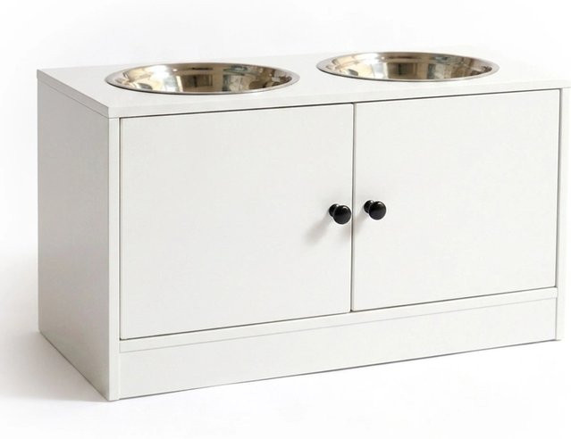 Relaxdays Erhöhte Hundefutterstation aus MDF und Edelstahl in Weiß und Silber mit Schrankfach, B: 60 cm, T: 35,5 cm, H: 30 cm - Bild 1