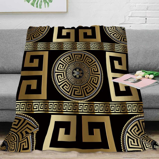 Luxus Flanell Decke mit Griechischem Schlüssel Mäander Design in Schwarz und Gold, weiche Plüsch Überwurfdecke, B/T: 200 x 150 cm - Bild 1