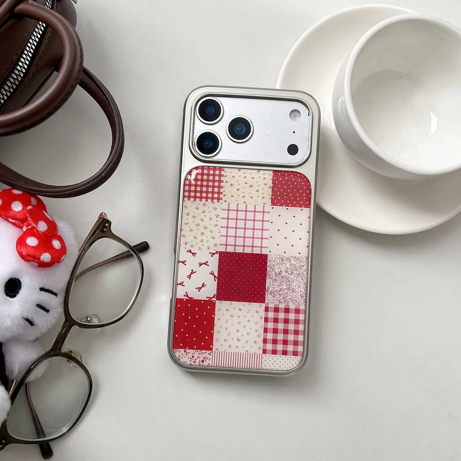 Handyhülle im Retro-Design mit Spleißmuster, Gitter, Blumen und Schleifen für iPhone 17 16 15 14 Pro Max, rot/mehrfarbig - Bild 2