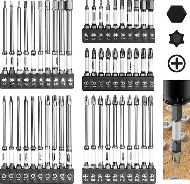 SHENSEN Hex Schraubendreher Bit Set 10-teilig, Magnetische Sechskant Bits für 1/4 Zoll Schaft, Farbe: Silber - Bild 1