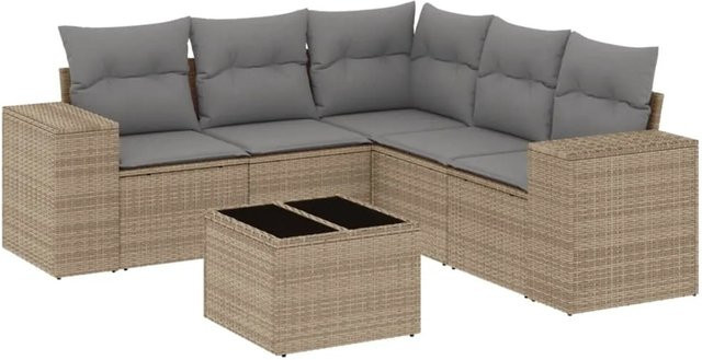 vidaXL 6-teilige Garten-Sofagarnitur in L-Form mit Kissen und Couchtisch, Beige, Poly Rattan und Metallrahmen - Bild 1