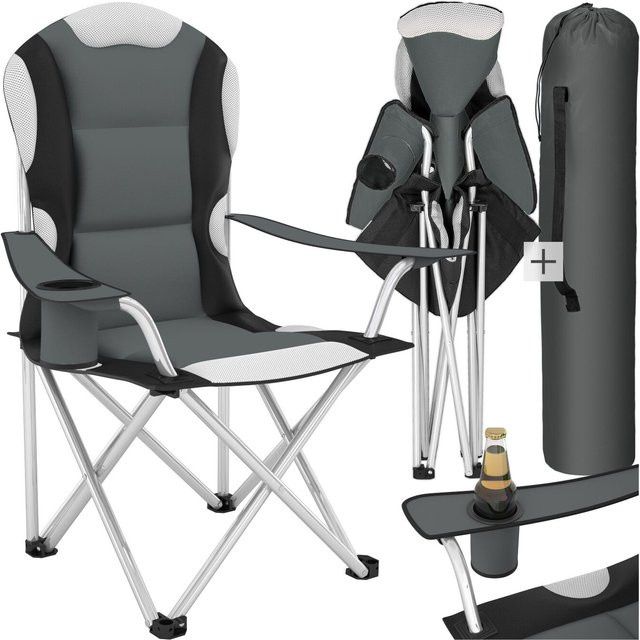 TECTAKE Campingstuhl faltbar gepolstert mit Getränkehalter und Armlehnen in Grau, B/T/H: 60 x 88 x 110 cm - Bild 1