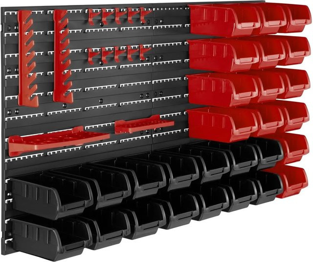 tectake Kleinteilemagazin 44-teilig mit 2 Wandplatten und Stapelboxen in Schwarz und Rot, H x B x T: 54 x 96 x 17 cm - Bild 1