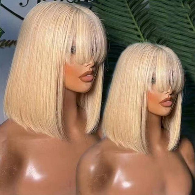 OYM HAIR Bob-Perücke, blonde Echthaar-Perücke mit Pony, Damen - Bild 1
