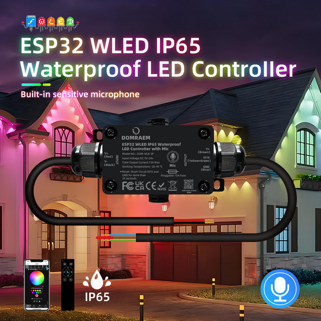 DOMRAEM Digitaler LED RGBIC Controller IP65 Wasserdicht mit ESP32 WLED, 15A Sicherung, kompatibel mit Alexa, Home Assistant und MQTT, Schwarz - Bild 1