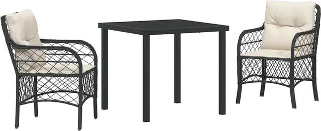 vidaXL Garten Essgruppe 3-teilig aus Poly Rattan und Stahl in Schwarz mit cremefarbenen Kissen und Glastisch - Bild 1