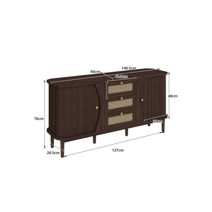 MUVOE Sideboard aus Massivholz mit Rattan-Elementen und 3 Schubladen, Farbe Nussbaum, B/T/H: 140,5 x 40,0 x 76,0 cm - Bild 2
