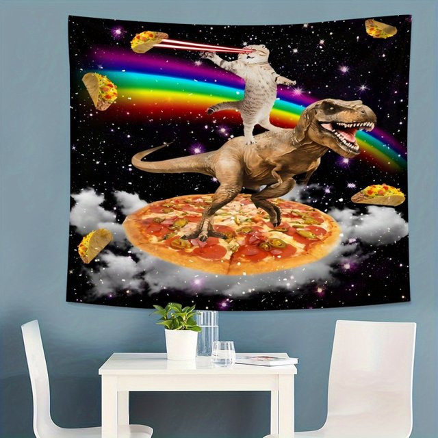 VIKAMA Fantasy Cartoon Wandteppich mit Tyrannosaurus Rex, Pizza und Regenbogen, Mehrfarbig, Breite: 60 cm, Höhe: 40 cm - Bild 1