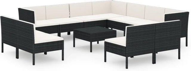 vidaXL 12-tlg. Garten-Lounge-Set in U-Form aus Poly-Rattan und pulverbeschichtetem Stahl in Schwarz mit Polstern und Kissen - Bild 1
