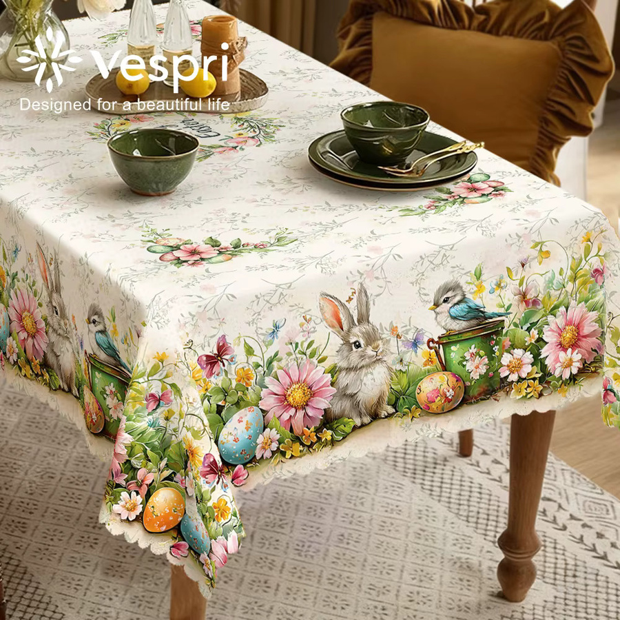 Vespri Oster-Tischdecke mit Hase und Blumen in Weiß und Grün, Rund, Leinen-Polyester-Mix im Landhausstil - Bild 3