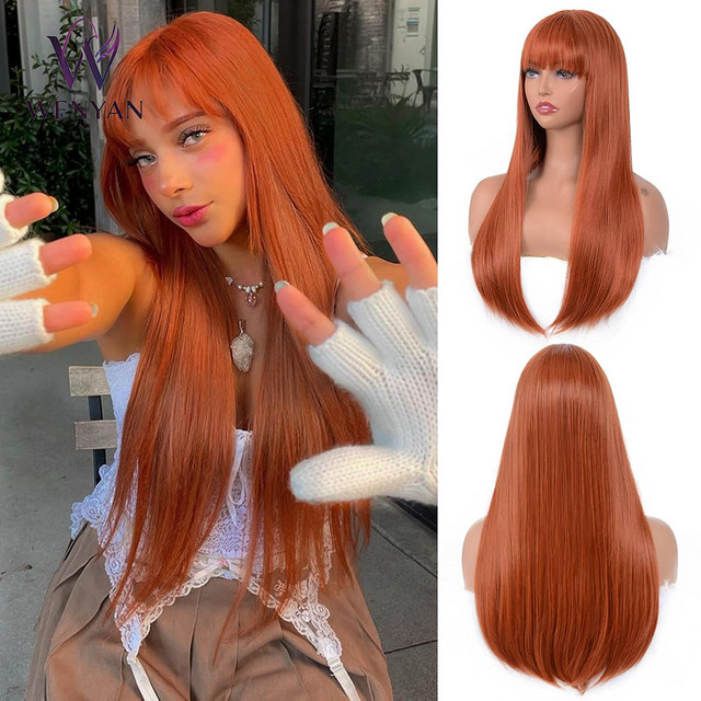 WENYAN Perücke, 24 Zoll, orange, glatt, mit Pony, Damen - Bild 1