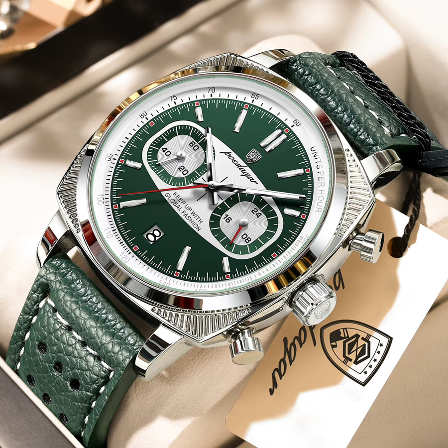 POEDAGAR Armbanduhr Chronograph, Quarz, Leder, Silber, Herren - Bild 2