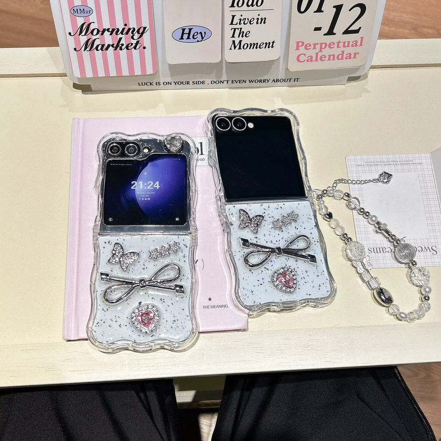 Vover 3D Bowknot Handyhülle mit Edelstein und Glitter für Samsung Galaxy Z Flip 7 6 5 4 3, transparent mit Kette und stoßfestem Schutz - Bild 2