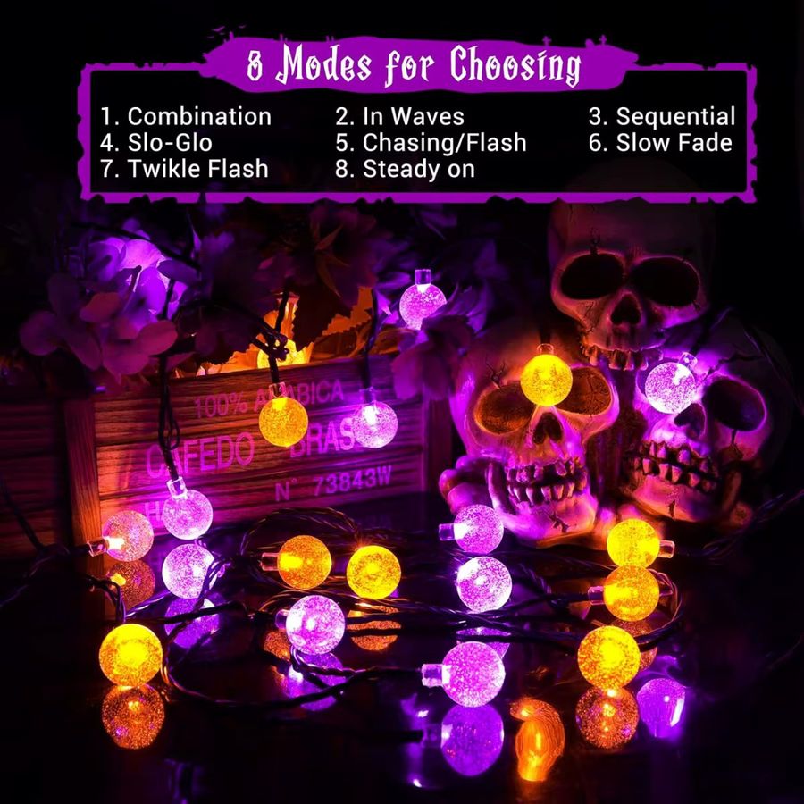 Peach Forest Solar LED Lichterkette Halloween Bubble Ball in Lila und Orange mit 100 LEDs und 8 Modi, 12 m - Bild 2