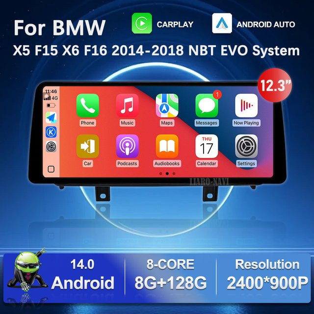 LIARO-NAVI Android 14 Autoradio-Multimedia-Player mit 12,3 Zoll Display für BMW X5 F15 und X6 F16 (2014–2018), NBT EVO System mit WiFi, GPS und Bluetooth, Schwarz - Bild 1