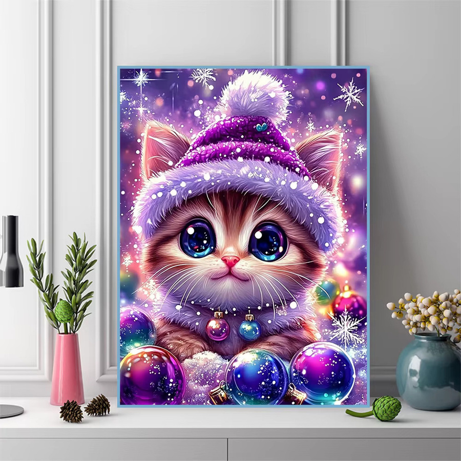 EverShine Diamant-Stickerei Katze mit quadratischen Bohrern in Multicolour, Motiv Schnee und Weihnachten, B/H: 30 x 30 cm - Bild 3