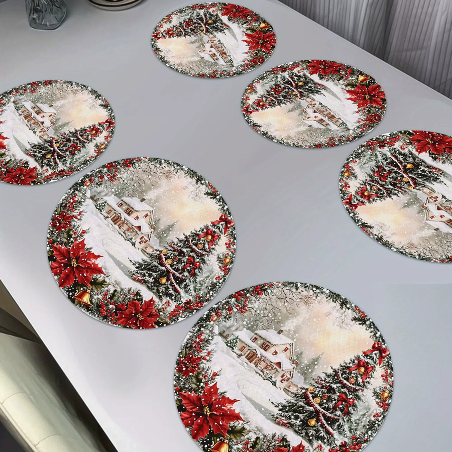 VIKAMA 6-teiliges Set runde Tischsets mit weihnachtlicher Schneeszene in Mehrfarbig - Bild 4