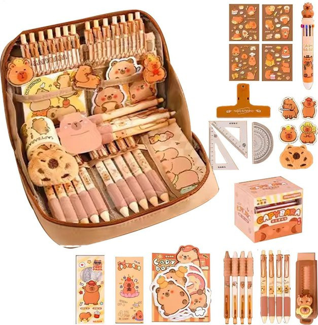 Capybara Briefpapier-Set mit Federmäppchen, Gelstiften, Aufklebern und Zubehör in 10 Farben, 8-teiliges Set in Mehrfarbig - Bild 1