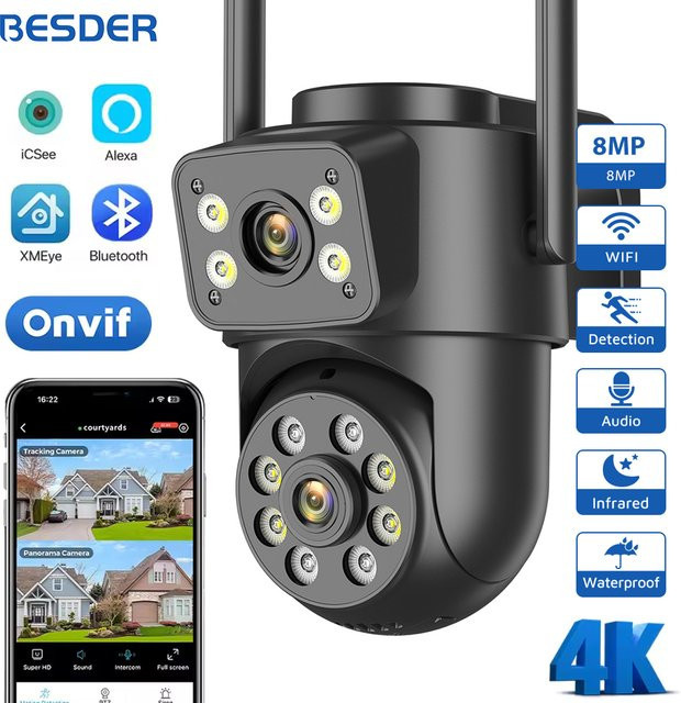 BESDER 8MP Wifi PTZ Outdoor Überwachungskamera mit Dual-Bildschirm, 4MP SicherheitscCTV IP Kamera mit menschlicher Erkennung und iCSee App, Schwarz - Bild 1