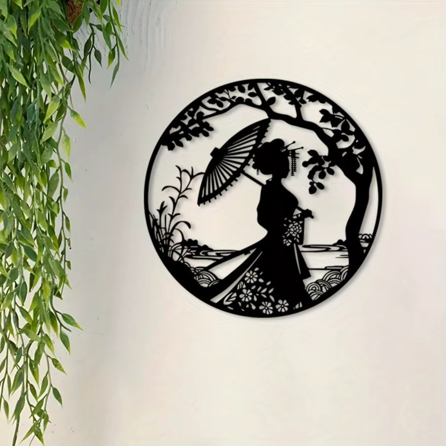 Sakura Geisha Metall-Wandkunst von CIFBUY – Schwarze Japanische Skulptur mit Floralem Portrait-Design - Bild 5