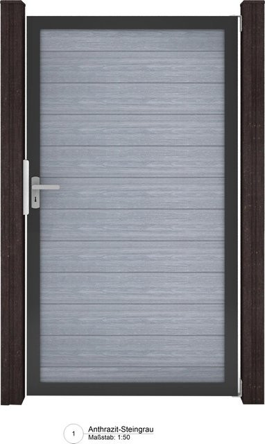 GroJa Solid Steckzaun Tor Universal-DIN Schwenktor in Steingrau bis max. Breite: 150 cm, Höhe: 180 cm - Bild 1