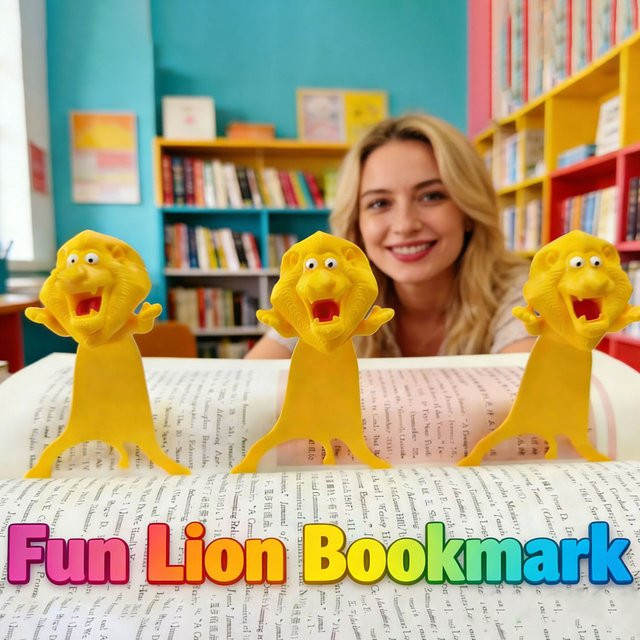 Kreatives 3D Löwen-Lesezeichen in Gelb als Buchclip mit Cartoon-Design aus Kunststoff - Bild 1