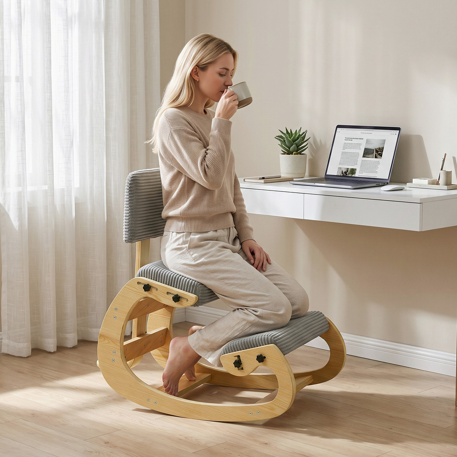 HOMCOM Ergonomischer Kniestuhl mit Rückenlehne in Cord-Optik, Dunkelgrau - Bild 2