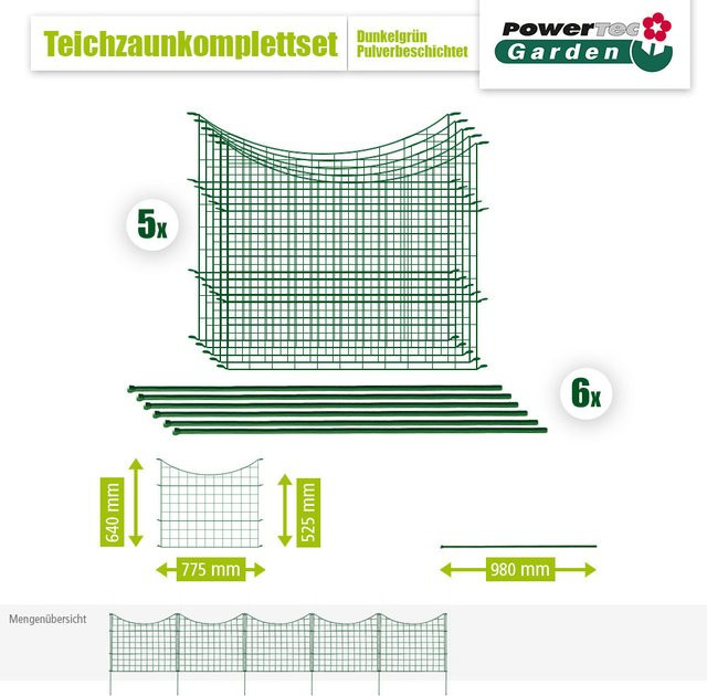 11tlg. Teichzaun Unterbogen in Dunkelgrün, B: 390 cm, H: 52,5 cm - Bild 1