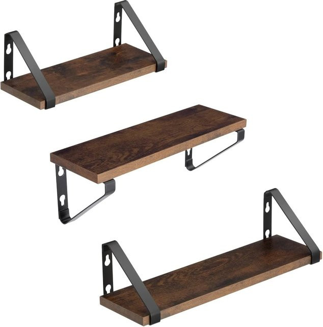 Tectake 3er Set Wandregal Cowell im Industrial Style aus Holz und Stahl, Farbe Dunkelbraun, B/T/H: 40 x 12 x 12 cm - Bild 1