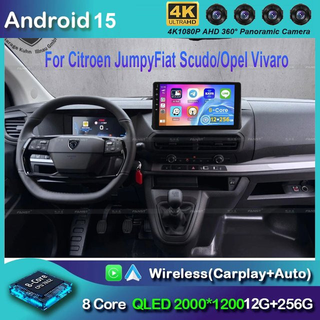 TIEYEZ Android 16 Infotainment System für Citroën Jumpy, Fiat Scudo, Opel Vivaro, Toyota Proace und Peugeot Traveller/Expert in Schwarz - Bild 1