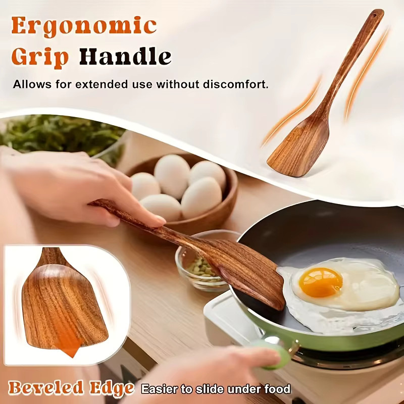 5-teiliges Küchenutensilien-Set aus Holz von DUTRIEUX in Braun, handgefertigte Pfannenwerkzeuge inklusive Spurtle und Suppenkellen, kratzfrei für antihaftbeschichtete Pfannen - Bild 3