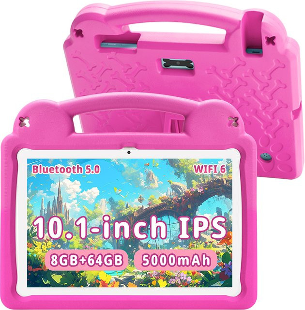 Paitanry Kinder-Tablet mit Android 15, 10,1 Zoll Display, 8 GB RAM, 64 GB ROM, Pink, inklusive Schutzhülle und 5000 mAh Akku - Bild 1