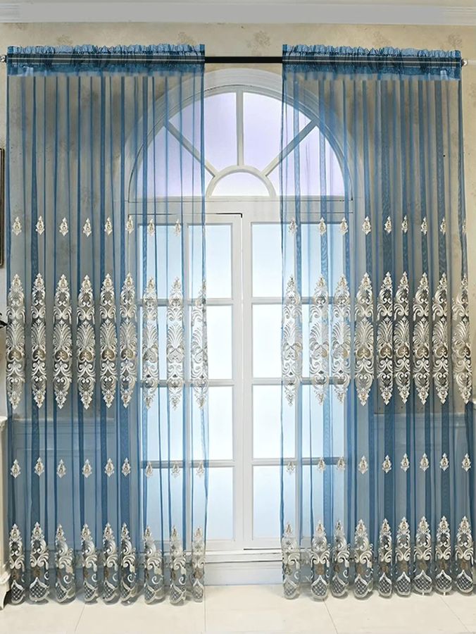 ZJBYZHOUSEHOLD Gaze-Vorhang mit blauer Begonie-Stickerei in Blau, transparent und modern im nordischen Stil - Bild 3