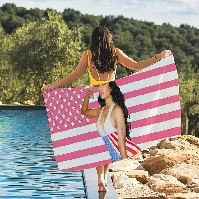 Schnelltrocknendes Strandtuch mit Nicki Minaj Flaggen-Design für Strand, Schwimmbad und Fitness, B: 40 cm, H: 60 cm - Bild 1