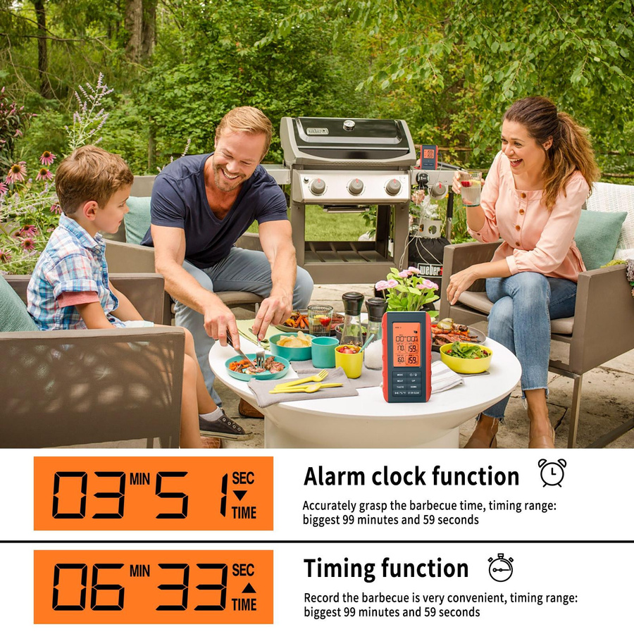 TOMTOP JMS Kabelloses digitales Fleischthermometer mit 2 Sonden in Orange zum Grillen und Kochen - Bild 8