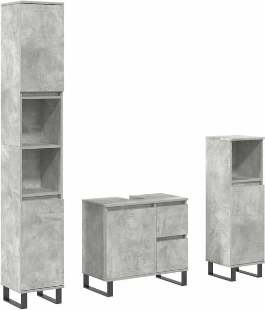 vidaXL 3-teiliges Badmöbel-Set in Betongrau aus Holzwerkstoff und Eisen mit Waschbeckenunterschrank sowie zwei Badschränken - Bild 1