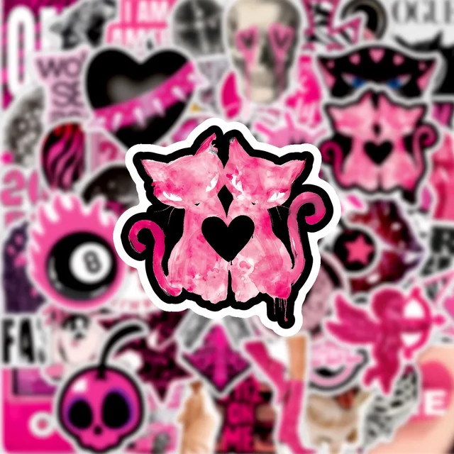 50 Stück Retro Y2K Aufkleber im Ins-Style, wasserfeste PVC-Sticker in Schwarz und Rosa für Skateboard, Handy und Gepäck - Bild 1