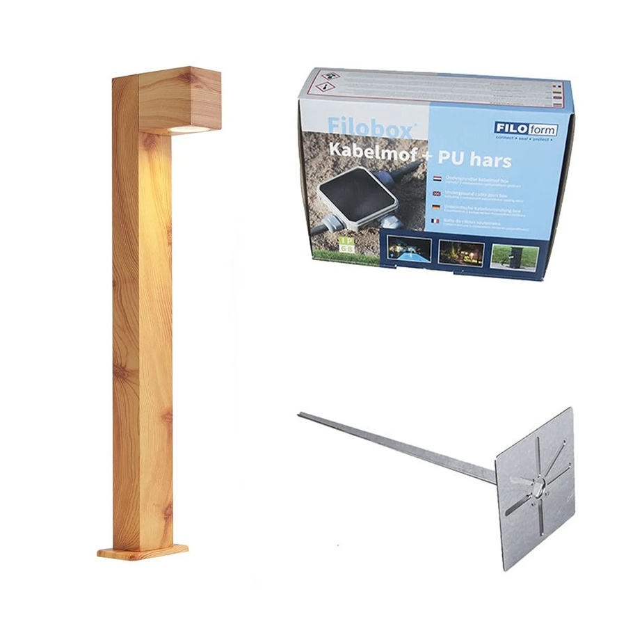 QAZQA Baleno Außenleuchte aus Aluminium in Holzoptik mit Erdspieß, IP44, Höhe: 65 cm - Bild 1