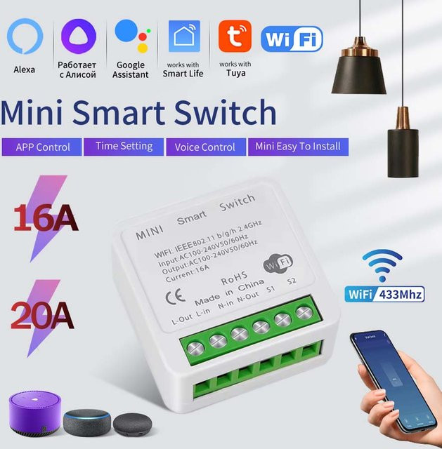 Tuya Smart WLAN-Schalter 16A 20A RF433Mhz Relaismodul mit 2-Wege-Steuerung in Weiß, kompatibel mit Smart Life App, Alexa und Google Home - Bild 1