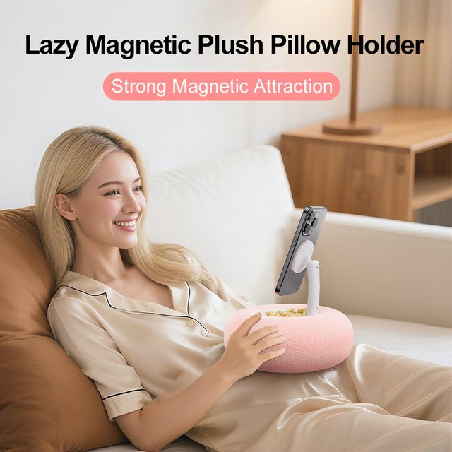 CrownQu Magnetische Handyhalterung mit Plüschkissen als verstellbarer Desktop-Tablet-Ständer für iPhone 12-16 Pro in Pink - Bild 1