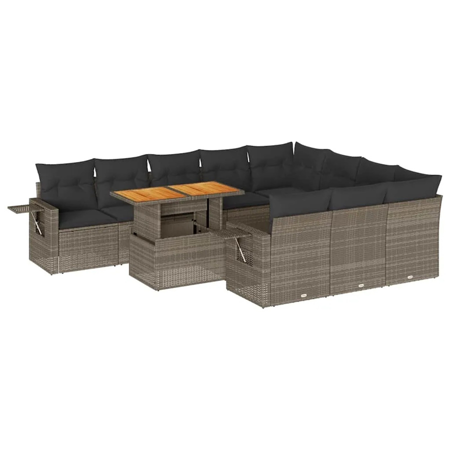 vidaXL 11-tlg. Garten-Sofagarnitur in L-Form aus Polyrattan und Akazienholz mit Kissen in Grau - Bild 2