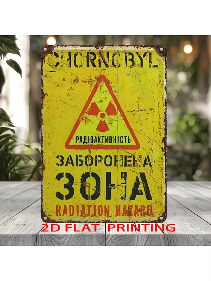 Retro Metallschild Radiation Hazard mit englischem und russischem Text in Gelb von MINISO - Bild 2